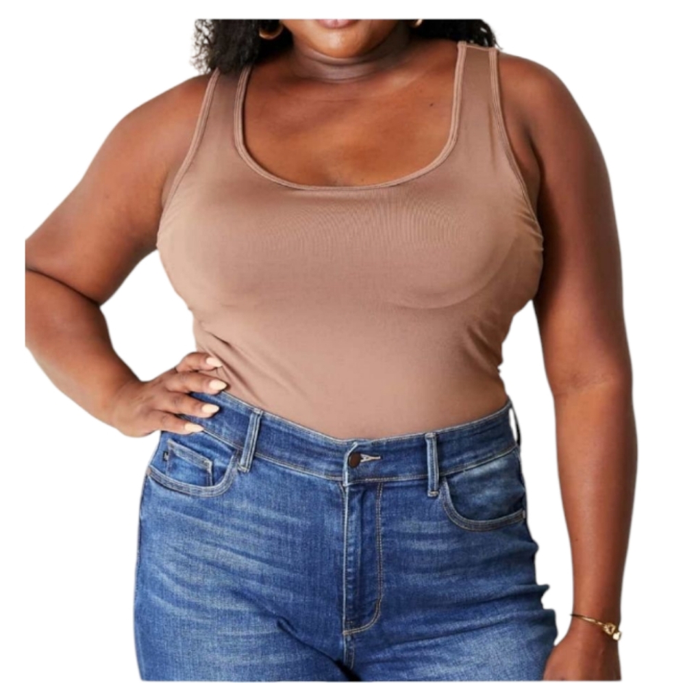 Heyson Tan Ribbed Tank Bodysuit Scoop Neck Curvy Plus Size Basic Top New